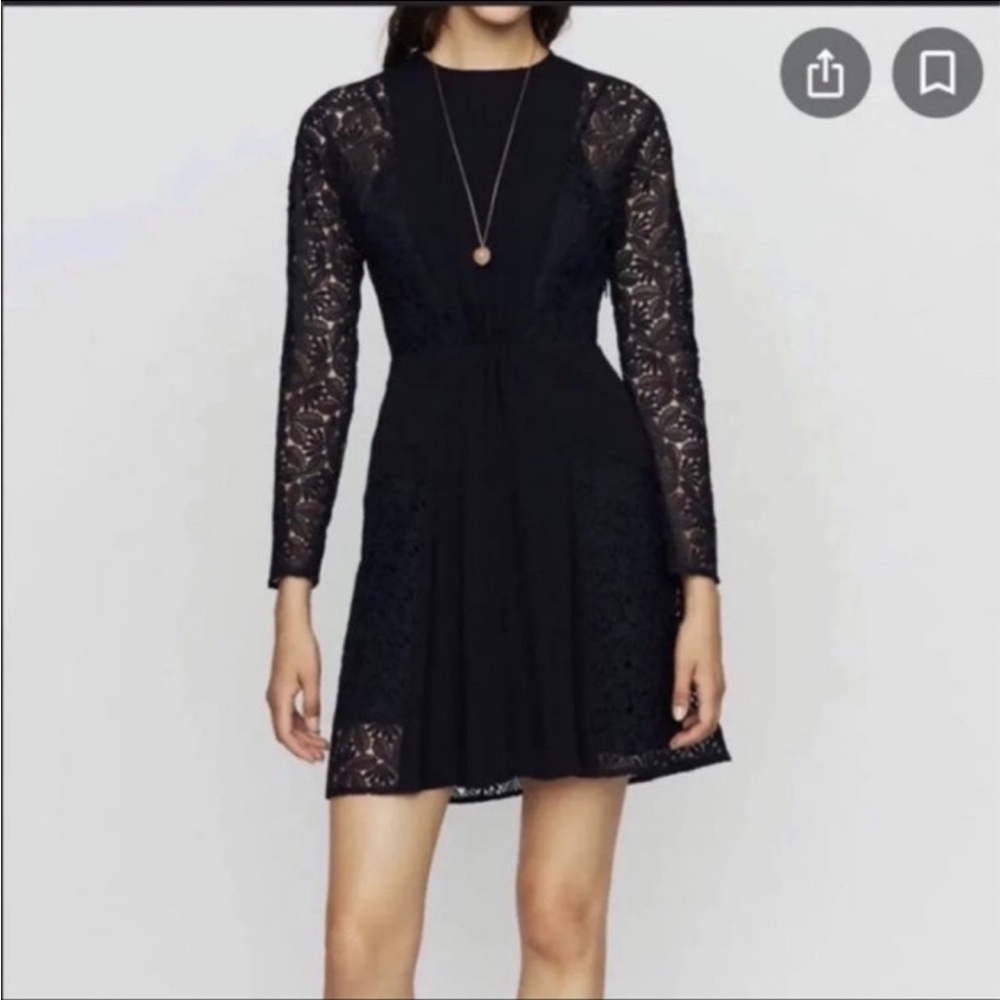 Maje Navy Repine Crepe and Lace Dress